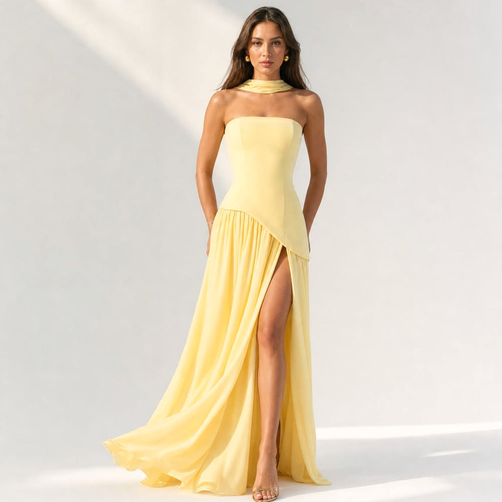Trägerloser Maxi-Kleid Korsett mit Schal-Detail und Beinschlitz in Zitronengelb – Vitolia