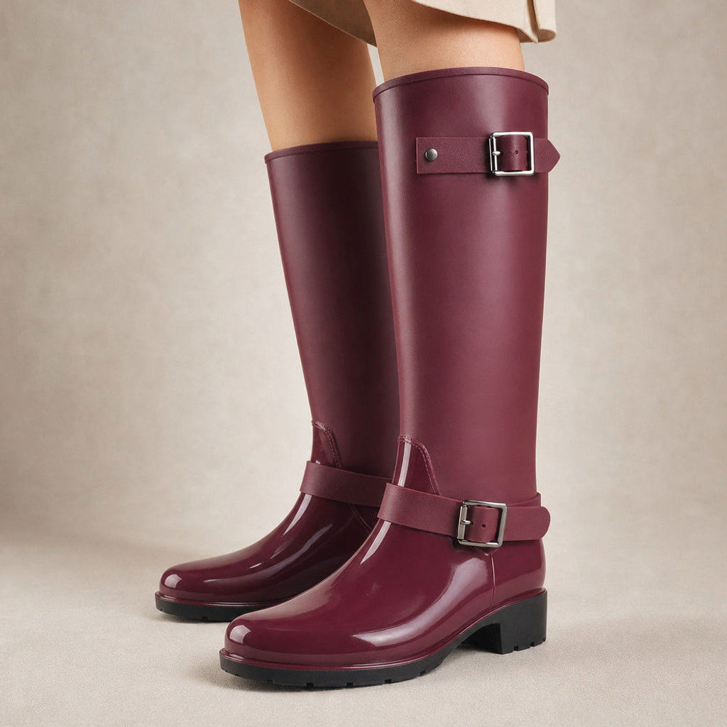 Adelhild | Stiefel mit hohem Schaft und Schnallen Dunkelrot – Produktfoto