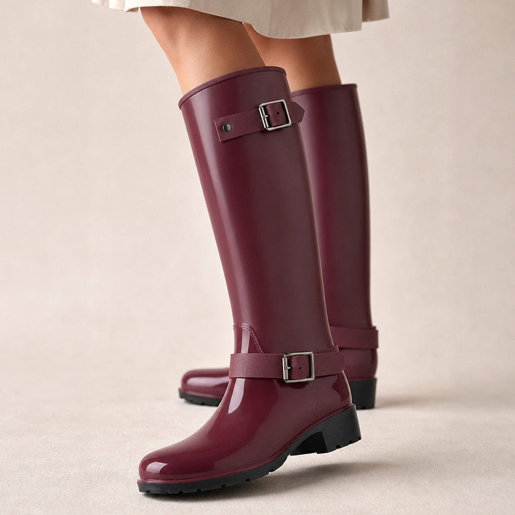 Adelhild | Stiefel mit hohem Schaft und Schnallen in Dunkelrot – Premium Editorial
