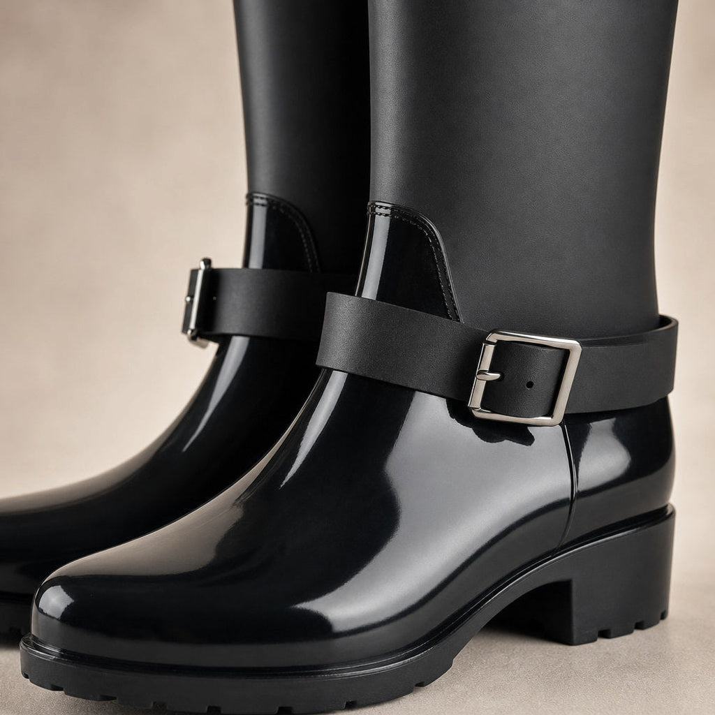 Adelhild | Stiefel mit hohem Schaft und Schnallen Schwarz – Stoff- und Detailaufnahme