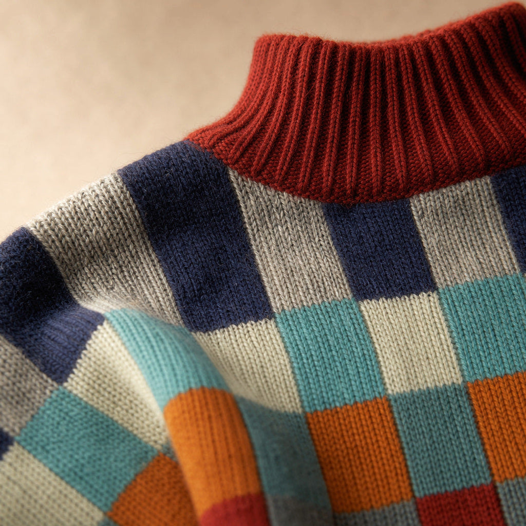 Adeltrud | Rollkragenpullover mit Patchwork-Strick Mehrfarbig – Stoff- und Detailaufnahme