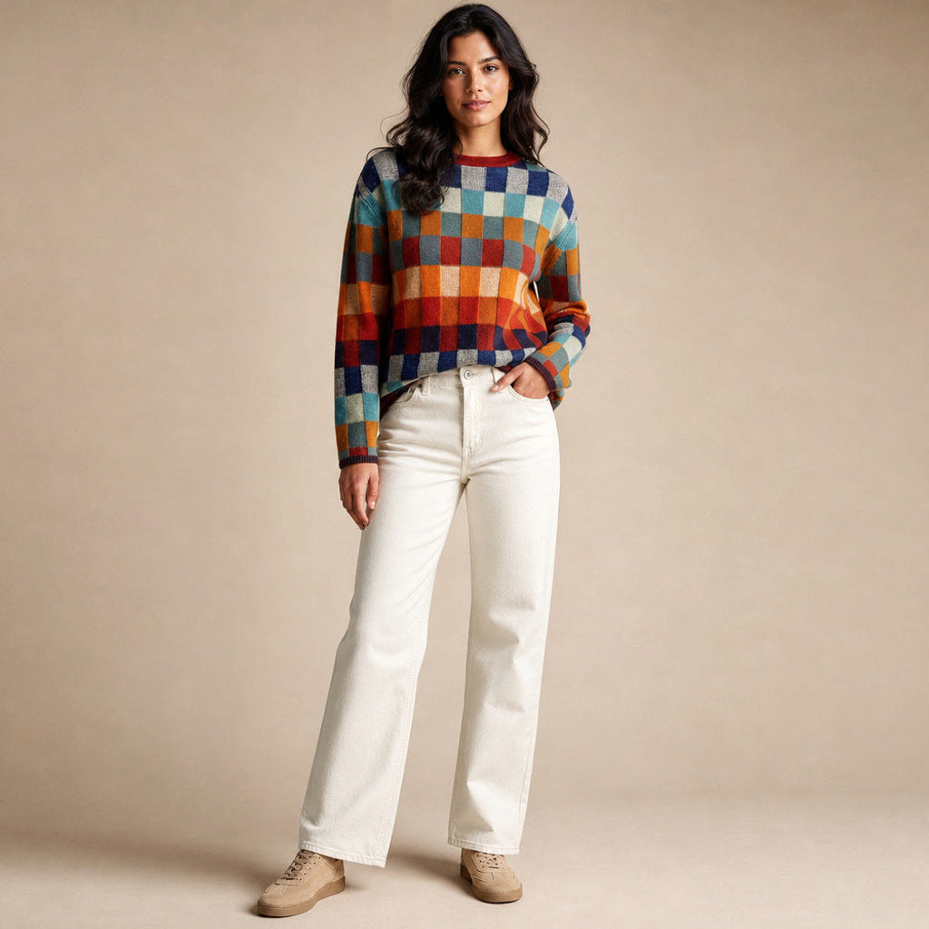 Adeltrud | Rollkragenpullover mit Patchwork-Strick Mehrfarbig – Gesamtlook