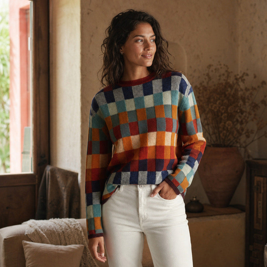 Adeltrud | Rollkragenpullover mit Patchwork-Strick Mehrfarbig – Gestyltes Editorial-Foto
