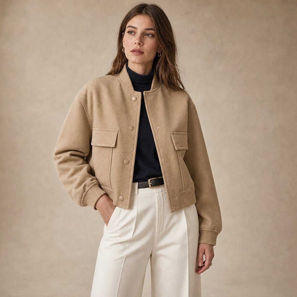 Aldhilde | Bouclé Jacke mit Stehkragen und Pattentaschen Beige – Seitenansicht