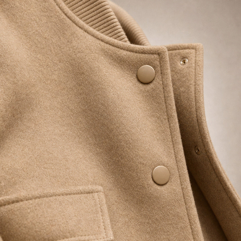 Aldhilde | Bouclé Jacke mit Stehkragen und Pattentaschen Beige – Stoff- und Detailaufnahme