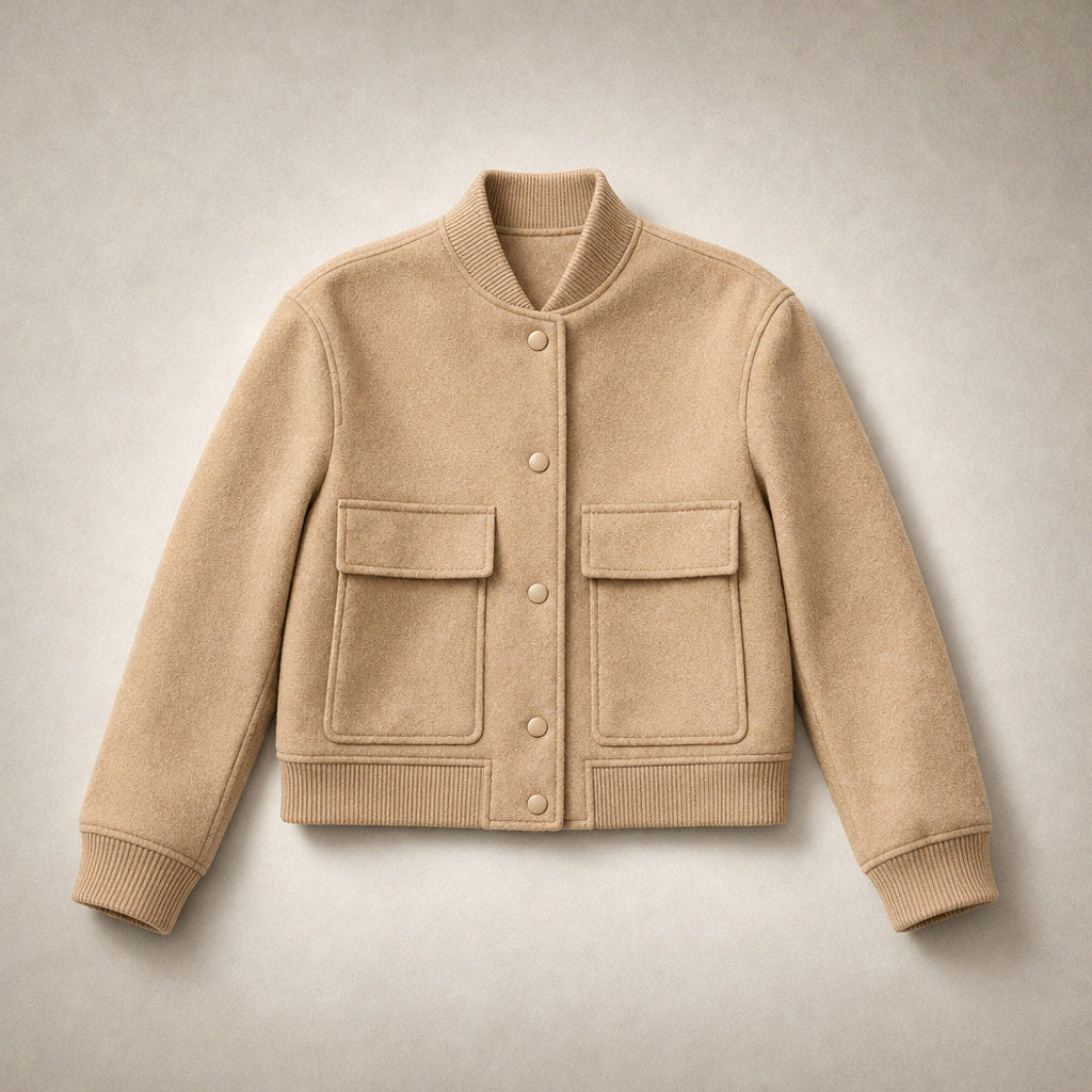 Aldhilde | Bouclé Jacke mit Stehkragen und Pattentaschen Beige – Flatlay-Produktfoto