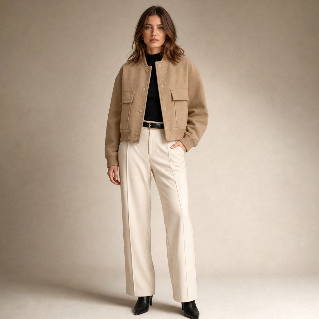 Aldhilde | Bouclé Jacke mit Stehkragen und Pattentaschen Beige – Gesamtlook