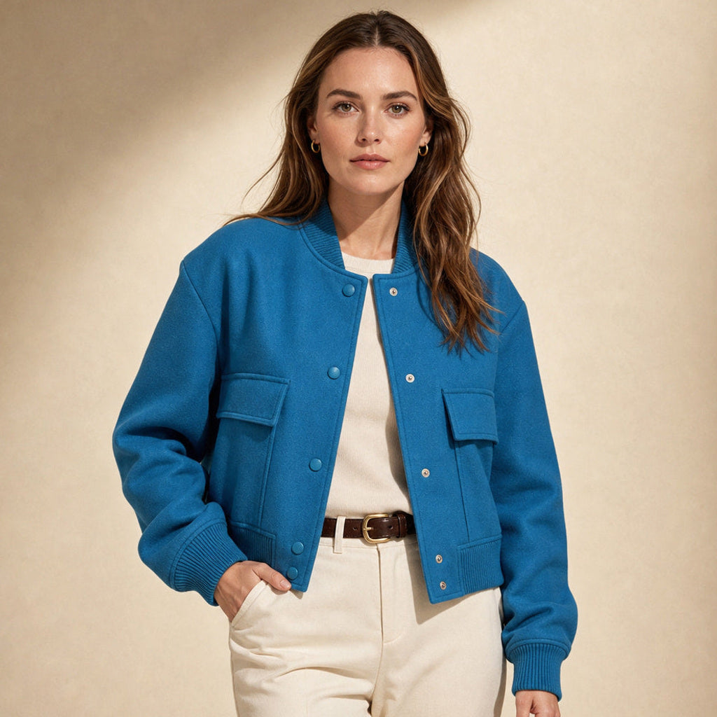 Aldhilde | Bouclé Jacke mit Stehkragen und Pattentaschen Blau – Produktfoto