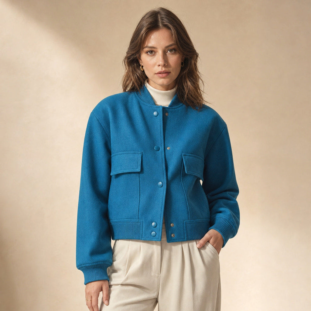 Aldhilde | Bouclé Jacke mit Stehkragen und Pattentaschen in Blau – Premium Editorial