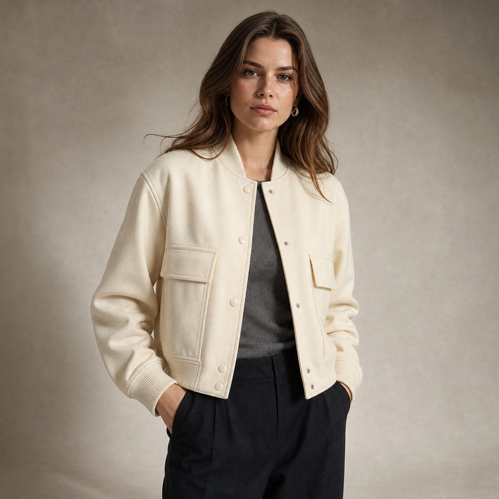 Aldhilde | Bouclé Jacke mit Stehkragen und Pattentaschen Creme – Produktfoto