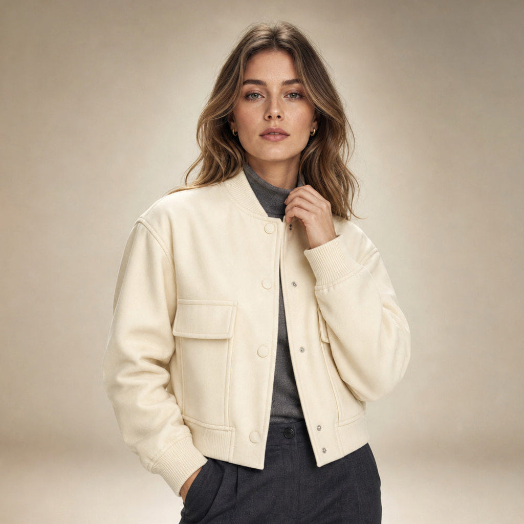 Aldhilde | Bouclé Jacke mit Stehkragen und Pattentaschen in Creme – Premium Editorial