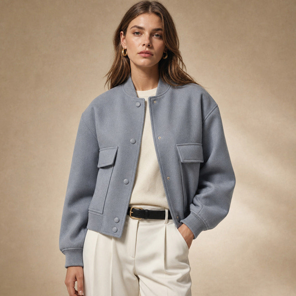 Aldhilde | Bouclé Jacke mit Stehkragen und Pattentaschen Grau – Produktfoto