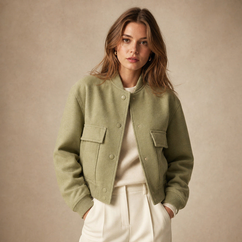 Aldhilde | Bouclé Jacke mit Stehkragen und Pattentaschen Grün – Produktfoto