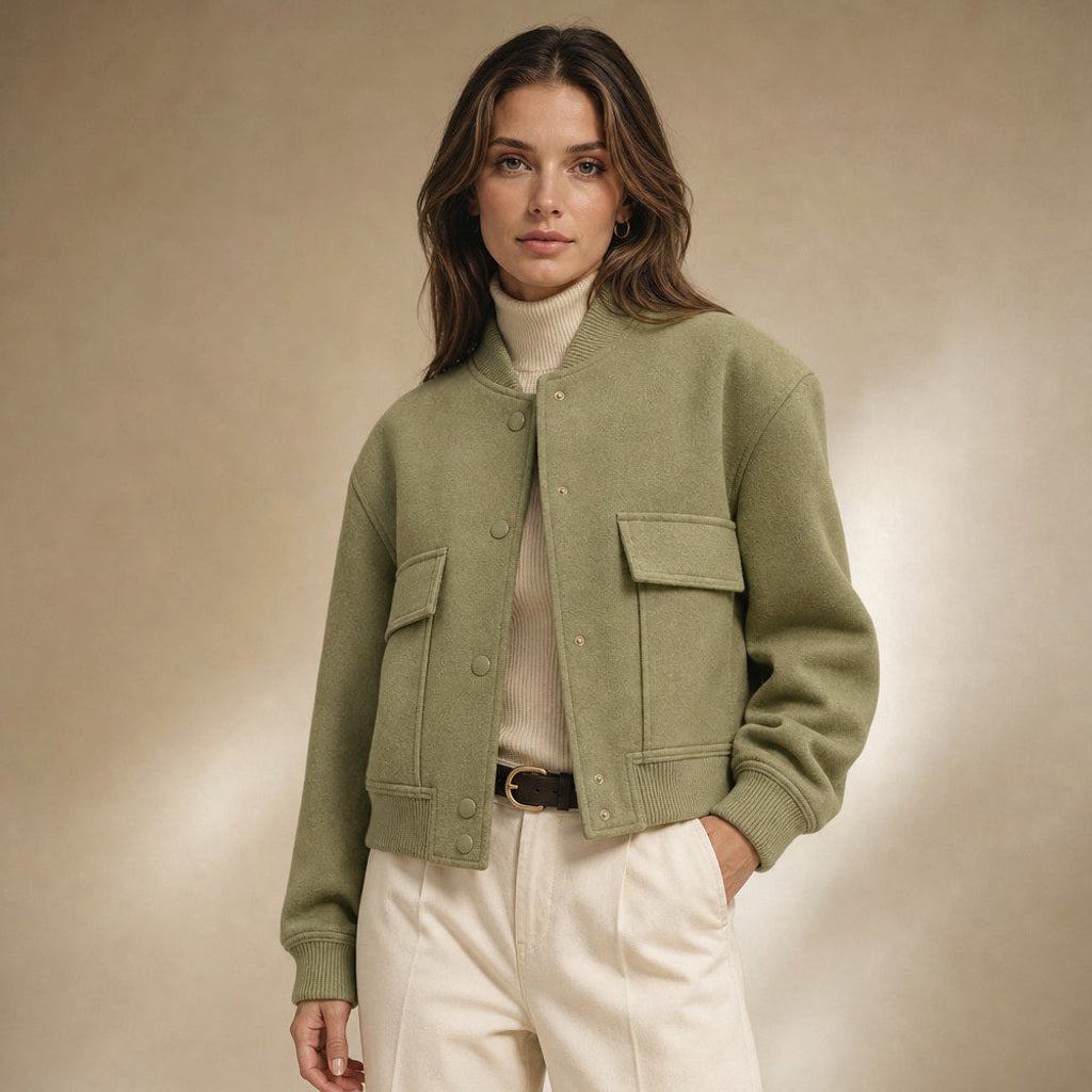 Aldhilde | Bouclé Jacke mit Stehkragen und Pattentaschen in Grün – Premium Editorial