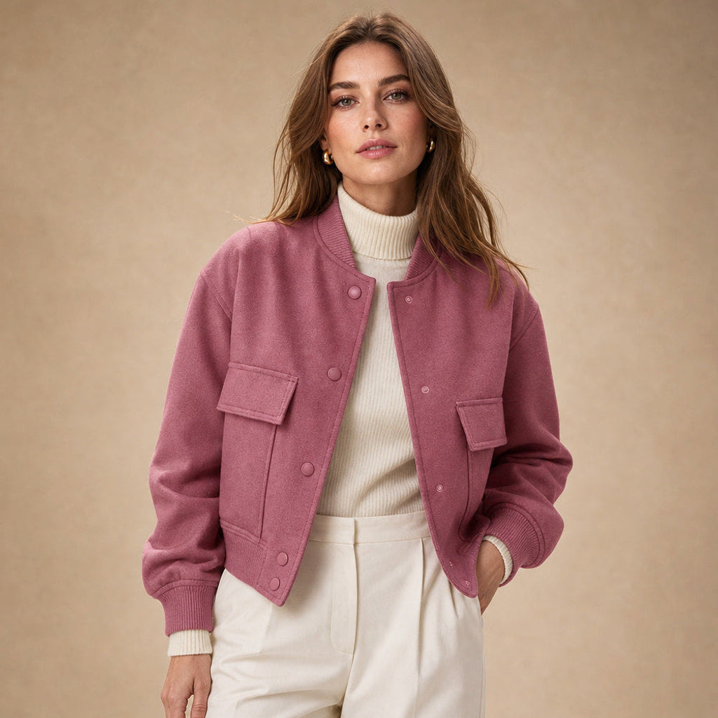 Aldhilde | Bouclé Jacke mit Stehkragen und Pattentaschen Pink – Produktfoto
