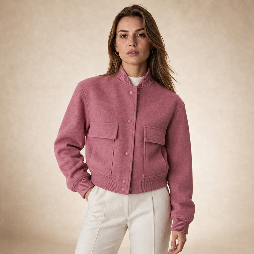 Aldhilde | Bouclé Jacke mit Stehkragen und Pattentaschen in Pink – Premium Editorial