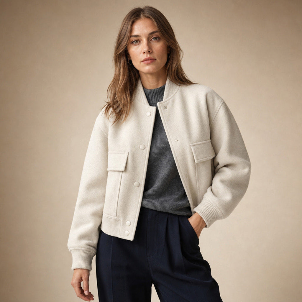 Aldhilde | Bouclé Jacke mit Stehkragen und Pattentaschen Weiß – Produktfoto