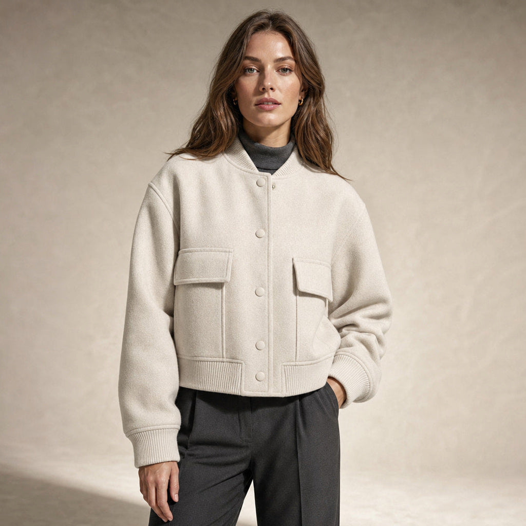 Aldhilde | Bouclé Jacke mit Stehkragen und Pattentaschen in Weiß – Premium Editorial