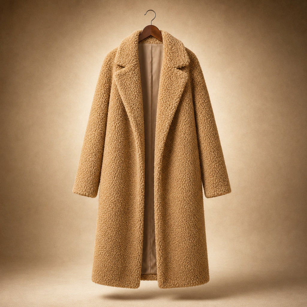 Alflinde | Teddymantel mit Reverskragen und offener Front Hellbraun – Produktfoto