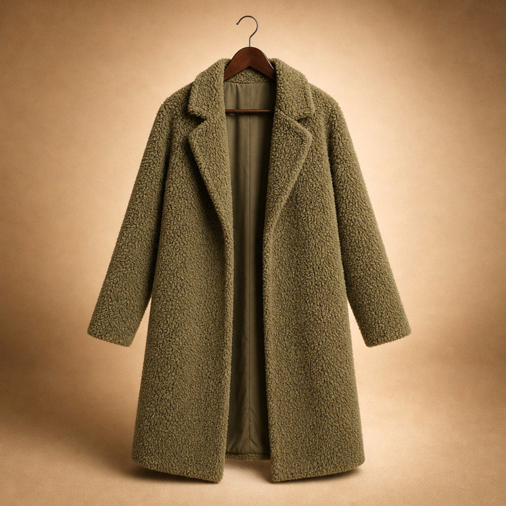 Alflinde | Teddymantel mit Reverskragen und offener Front Oliv – Produktfoto