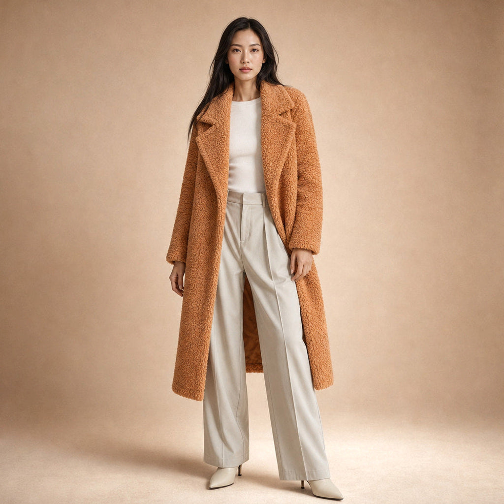 Alflinde | Teddymantel mit Reverskragen und offener Front in Orange – Premium Editorial