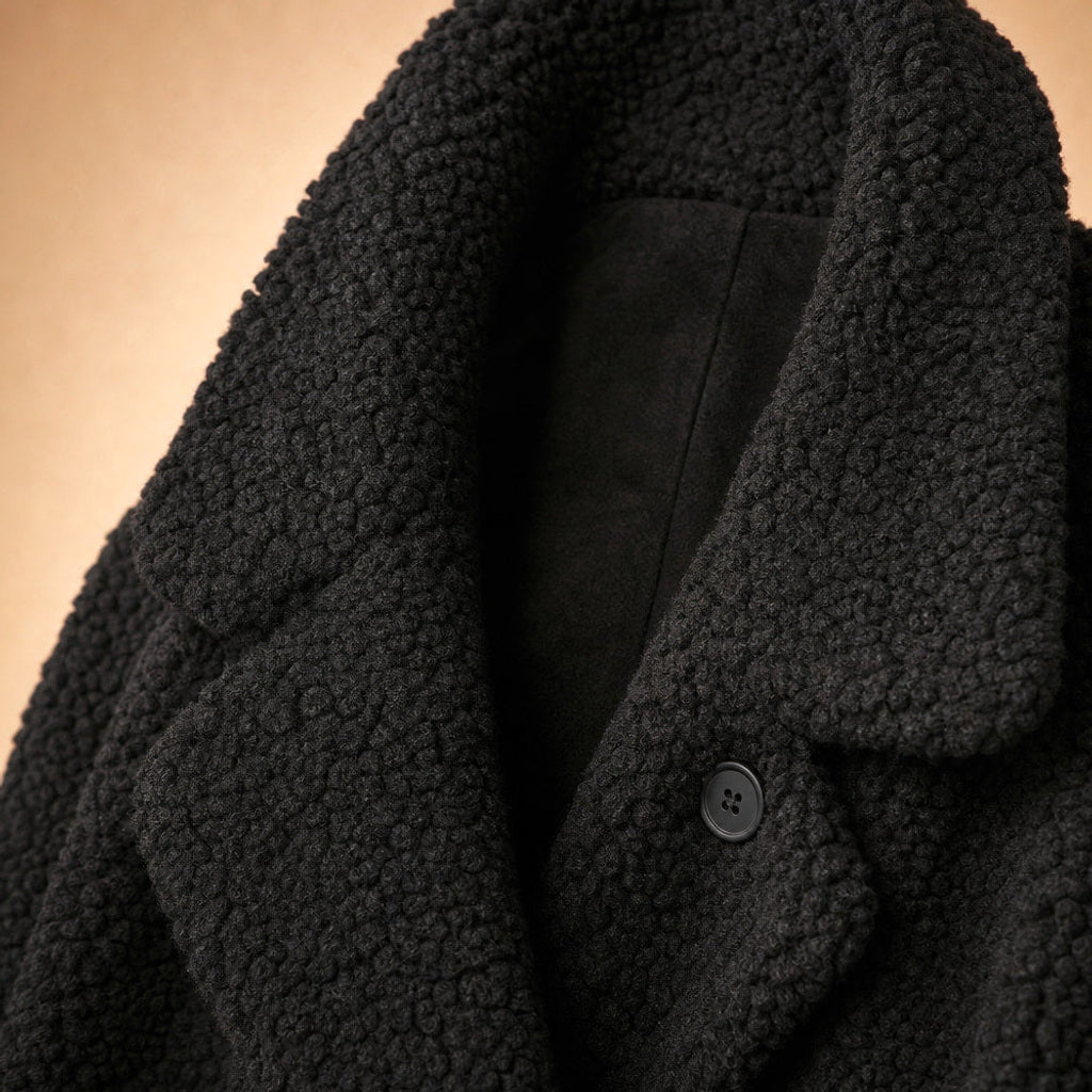 Alflinde | Teddymantel mit Reverskragen und offener Front Schwarz – Stoff- und Detailaufnahme