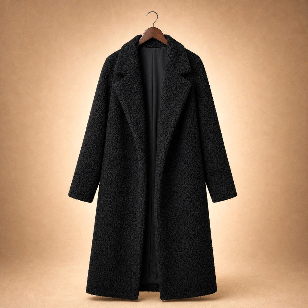 Alflinde | Teddymantel mit Reverskragen und offener Front Schwarz – Produktfoto