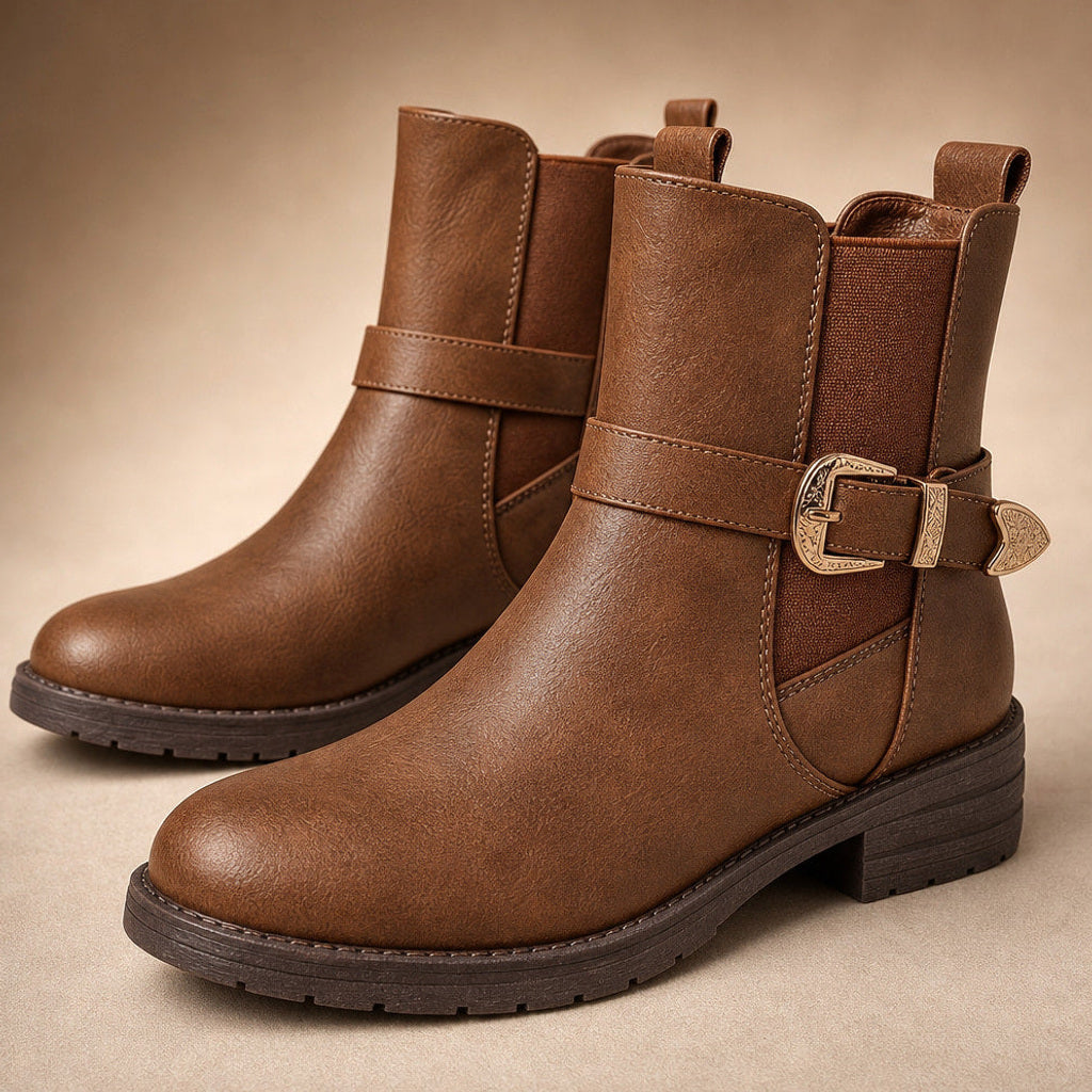 Almuth | Chelsea Boots Braun mit Schnallendetail – Stoff- und Detailaufnahme