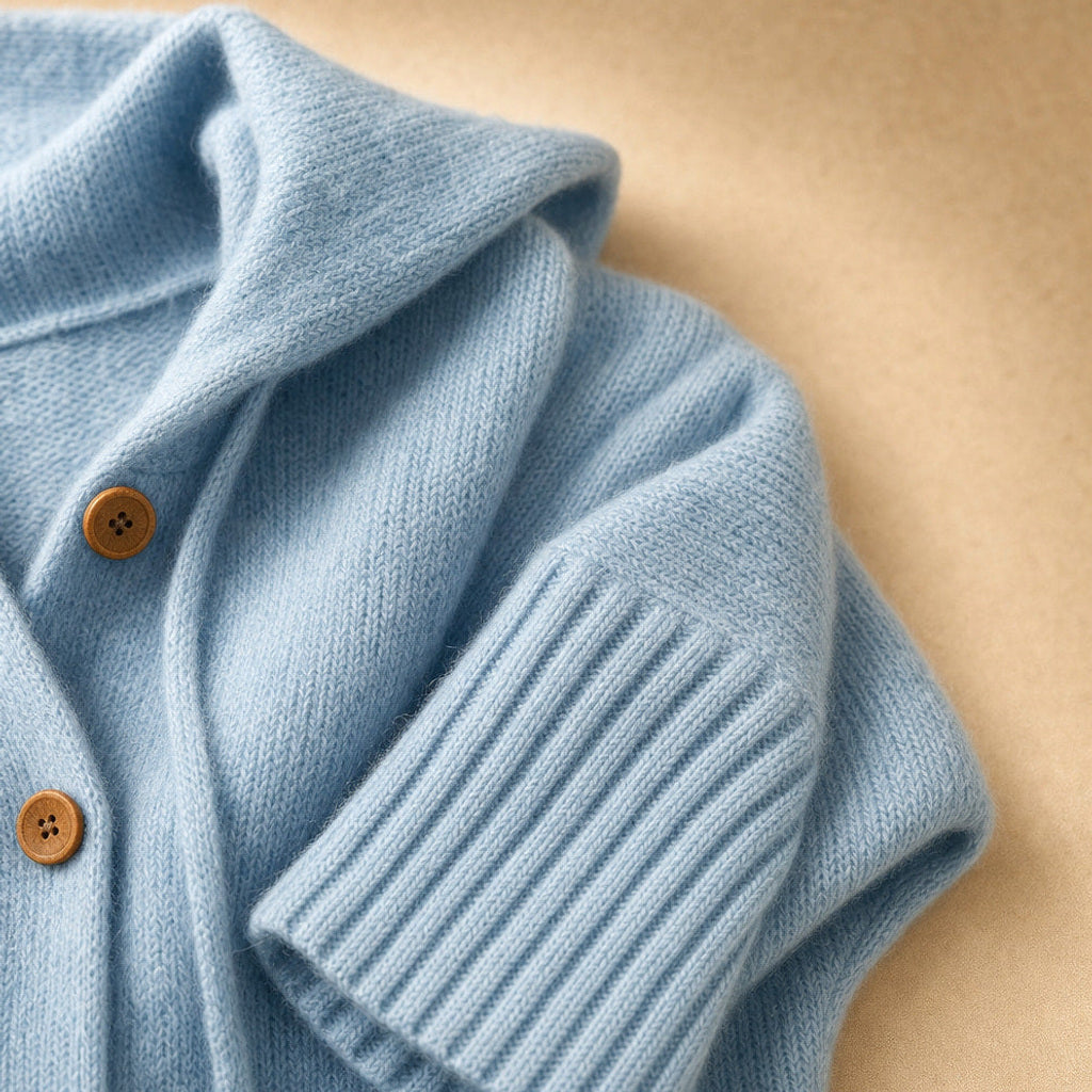 Arntraud | Strickjacke mit Kapuze und Knopfleiste Blau – Stoff- und Detailaufnahme