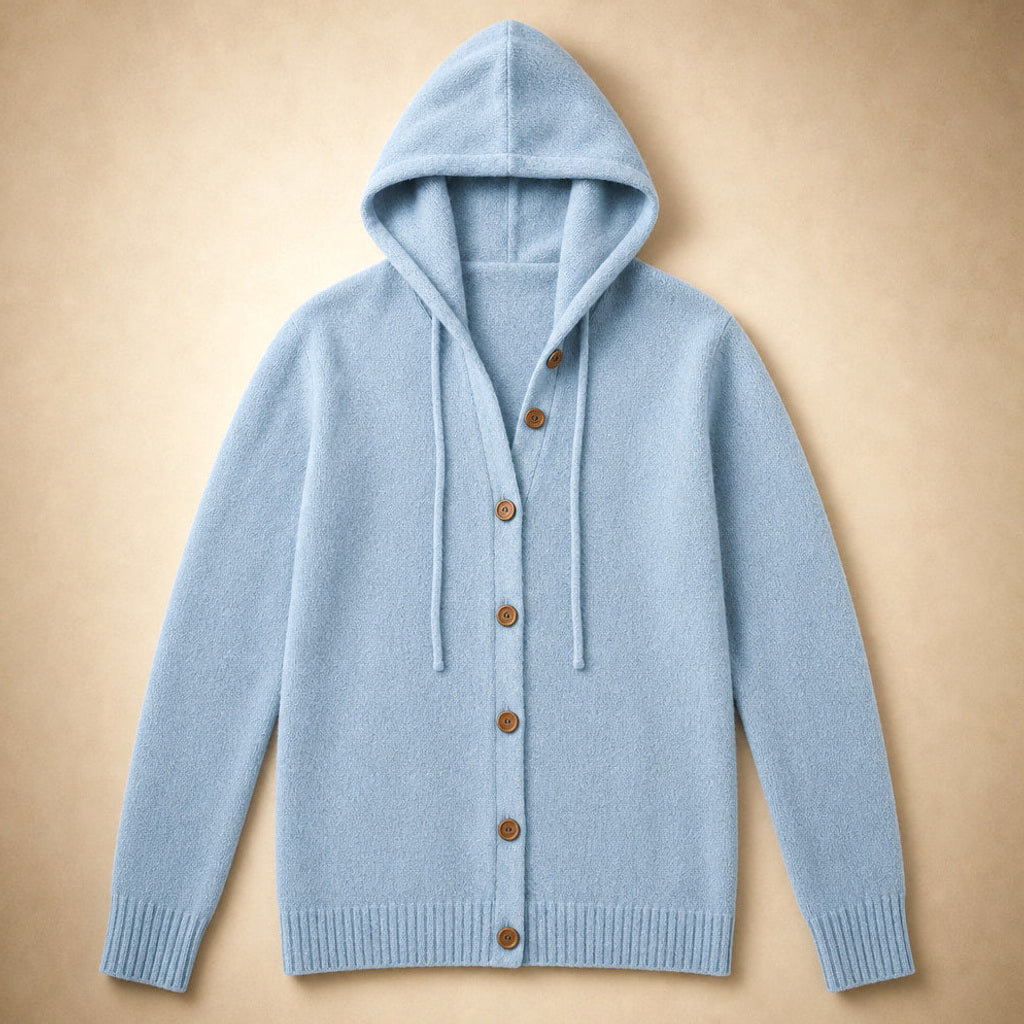 Arntraud | Strickjacke mit Kapuze und Knopfleiste Blau – Produktfoto