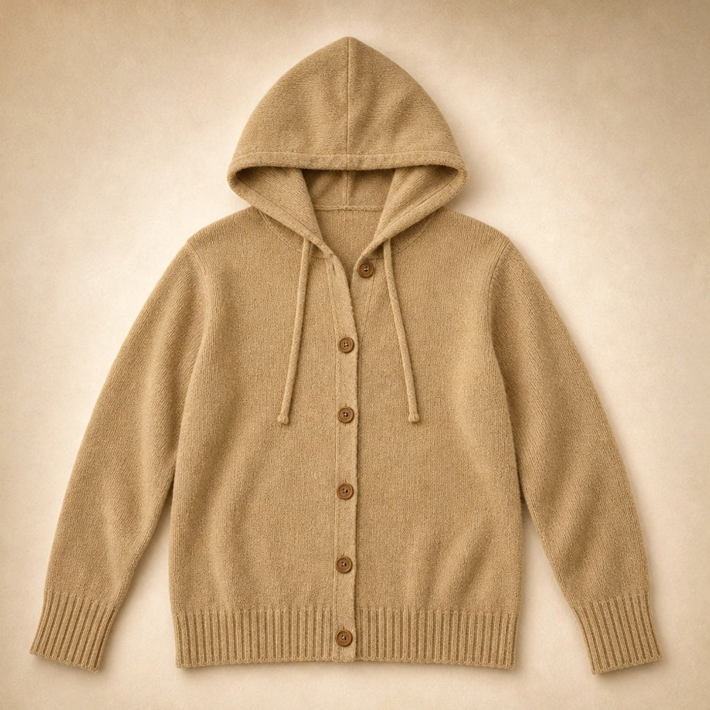 Arntraud | Strickjacke mit Kapuze und Knopfleiste Khaki – Produktfoto
