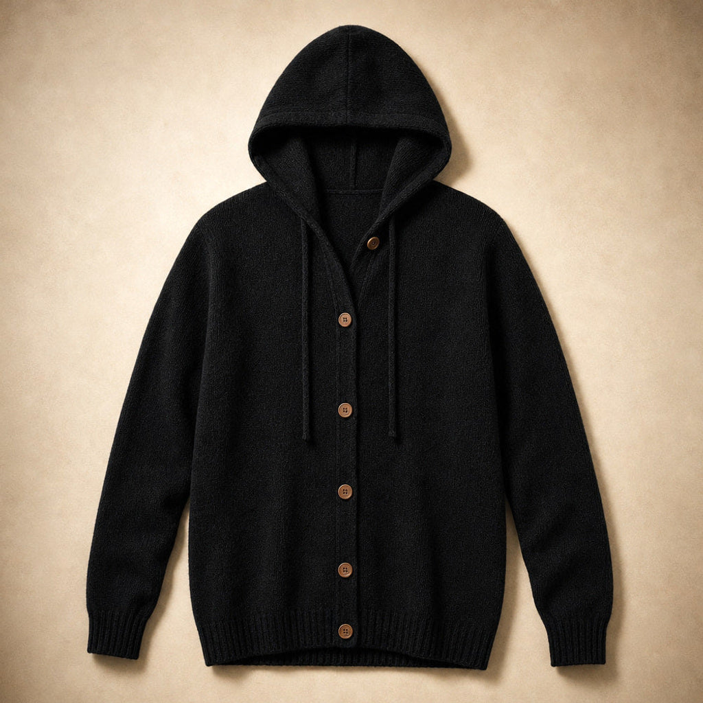 Arntraud | Strickjacke mit Kapuze und Knopfleiste Schwarz – Produktfoto