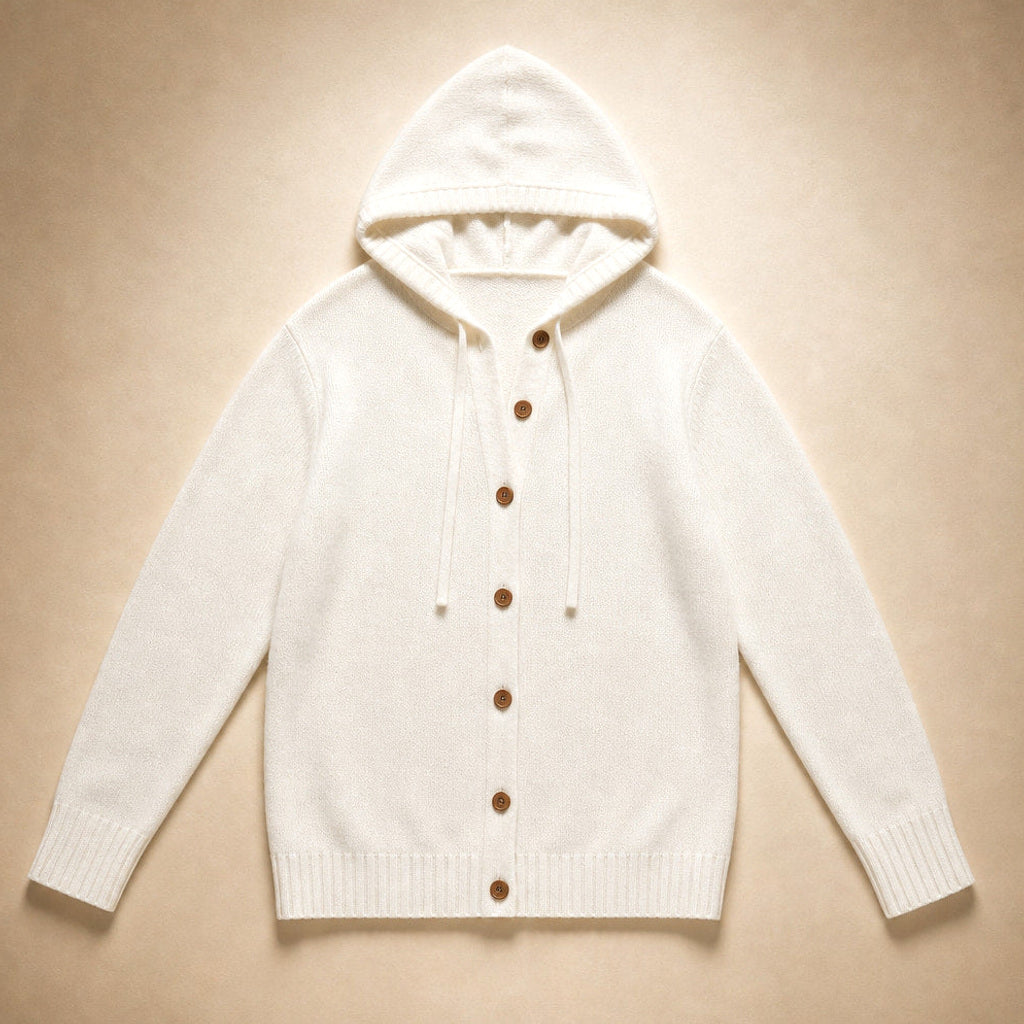 Arntraud | Strickjacke mit Kapuze und Knopfleiste Weiß – Produktfoto