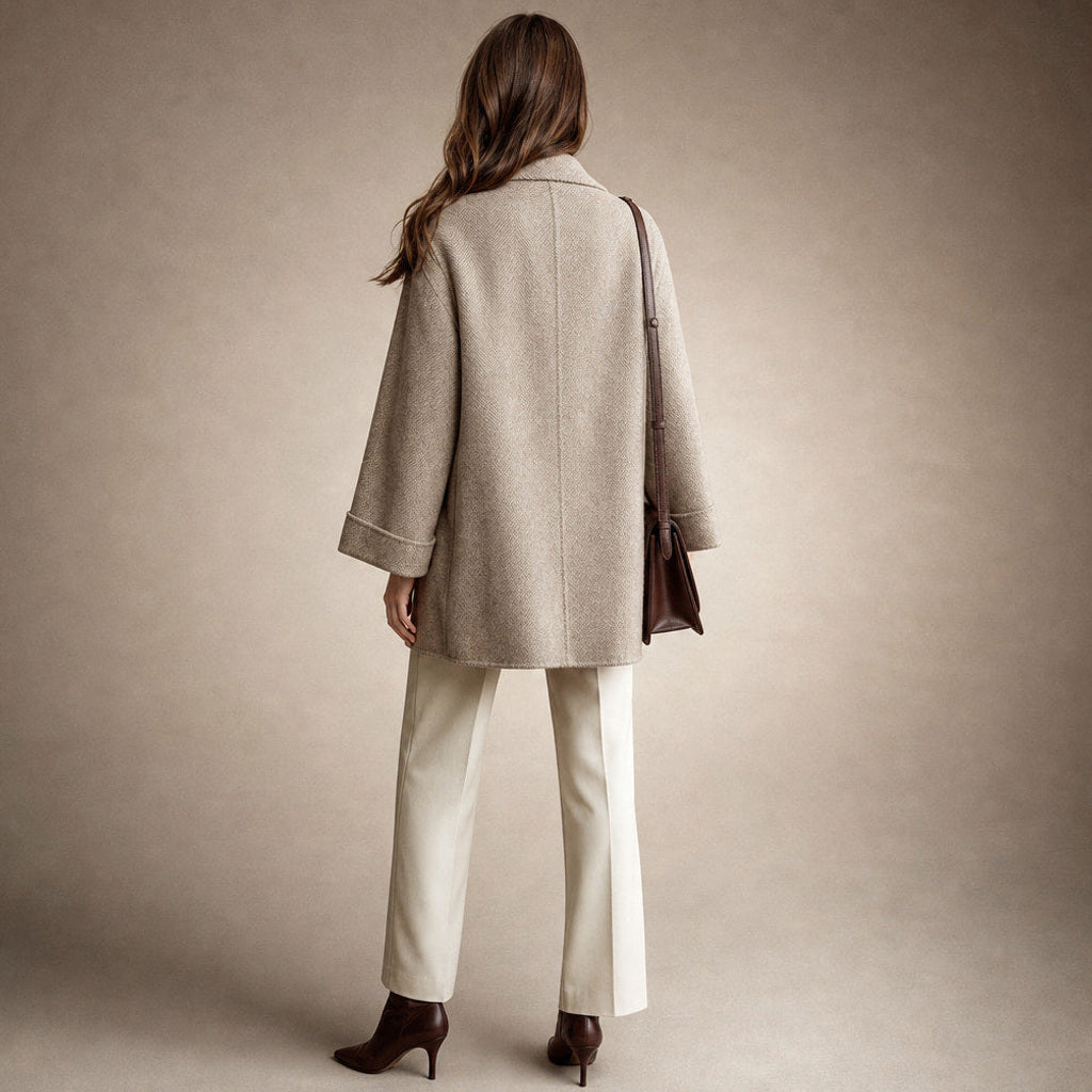 Benedikte | Zweireihiger Wollmantel mit Reverskragen Braun – Gesamtlook
