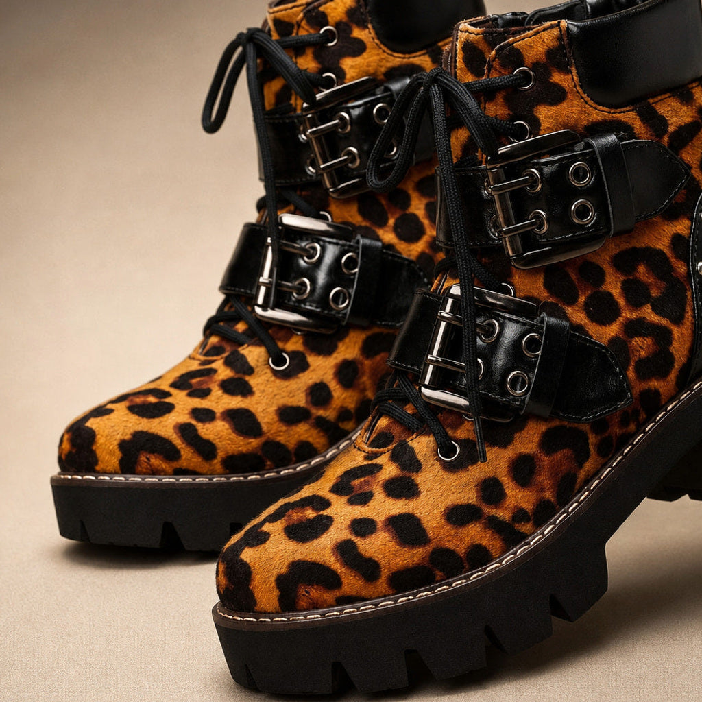 Berntraud | Chelsea Boots mit Schnallen und Profilsohle Leopard Orange – Stoff- und Detailaufnahme