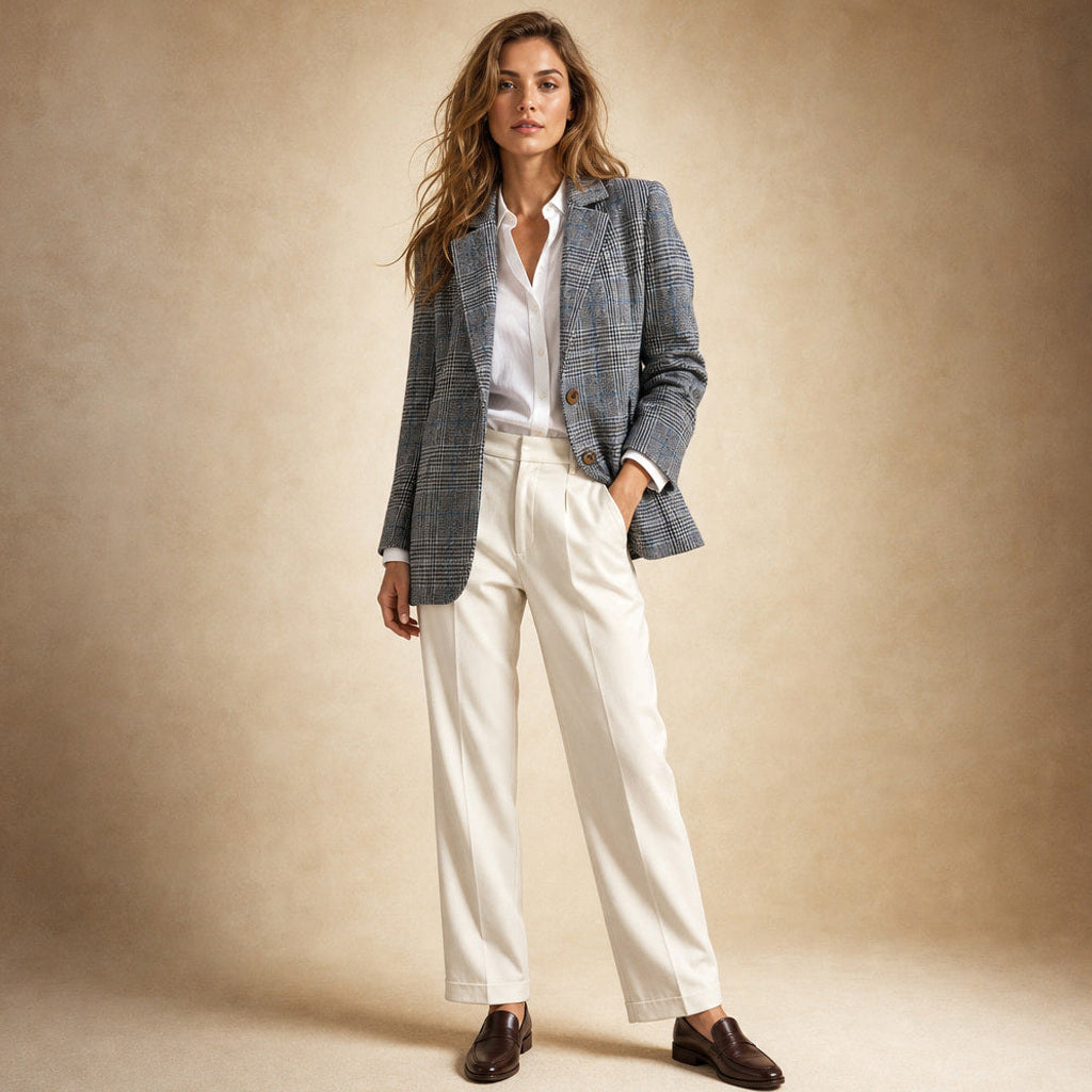 Bertgund | Karo-Blazer mit Knopfleiste Blau – Gesamtlook
