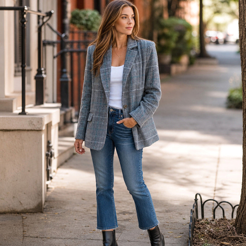Bertgund | Karo-Blazer mit Knopfleiste Blau – Gestyltes Editorial-Foto