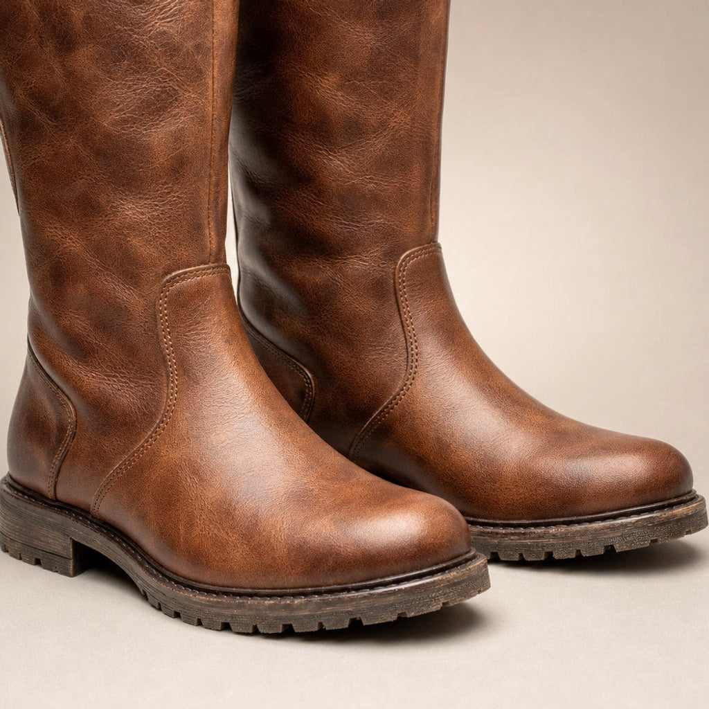 Elma | Kniehohe Reitstiefel mit Schnalle Braun – Stoff- und Detailaufnahme