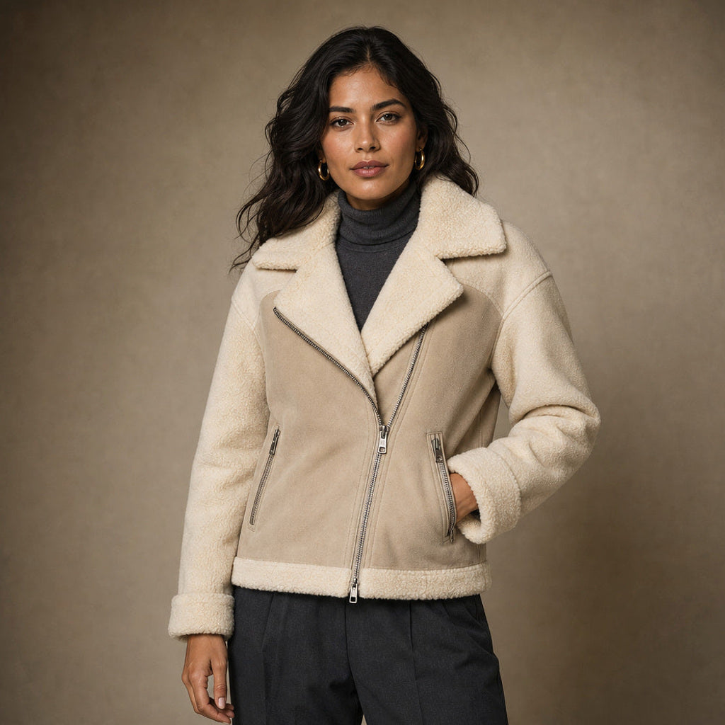 Eltraud | Wildlederjacke mit Lammfellbesatz in Creme / Beige – Premium Editorial