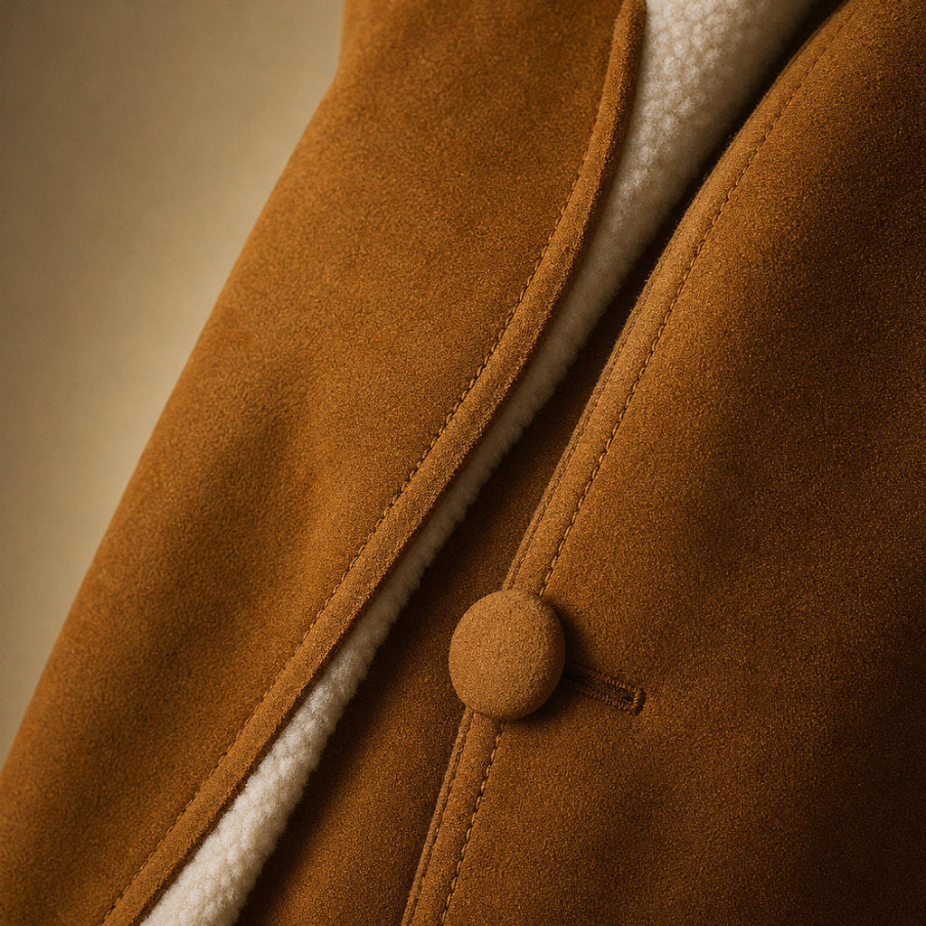 Eltraud | Wildlederjacke mit Lammfellbesatz Mokka / Braun – Stoff- und Detailaufnahme