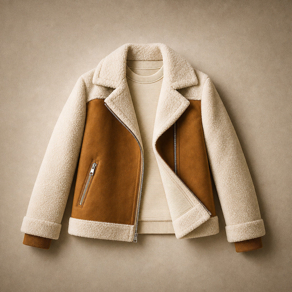 Eltraud | Wildlederjacke mit Lammfellbesatz Mokka / Braun – Flatlay-Produktfoto