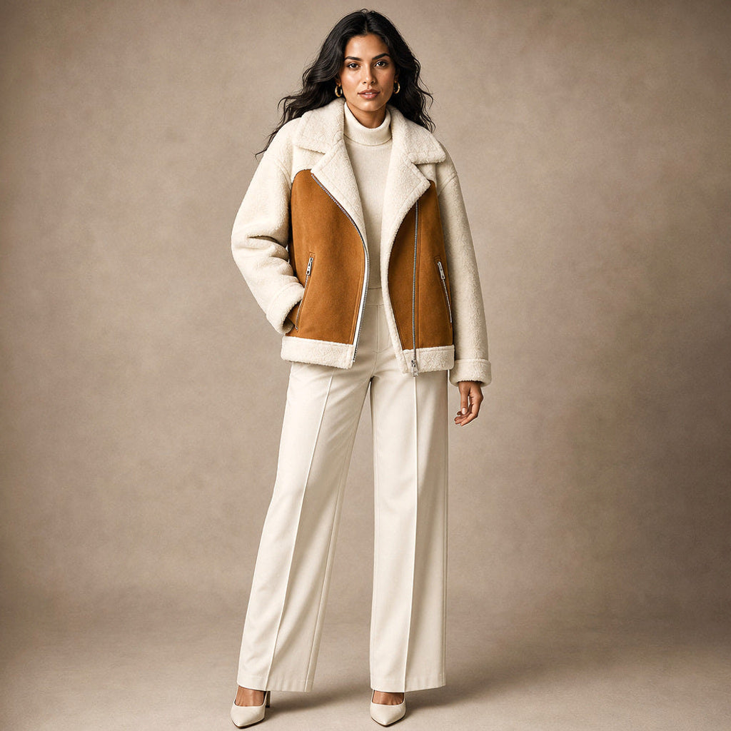 Eltraud | Wildlederjacke mit Lammfellbesatz Mokka / Braun – Gesamtlook