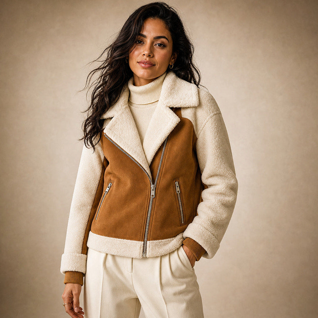 Eltraud | Wildlederjacke mit Lammfellbesatz in Mokka / Braun – Premium Editorial