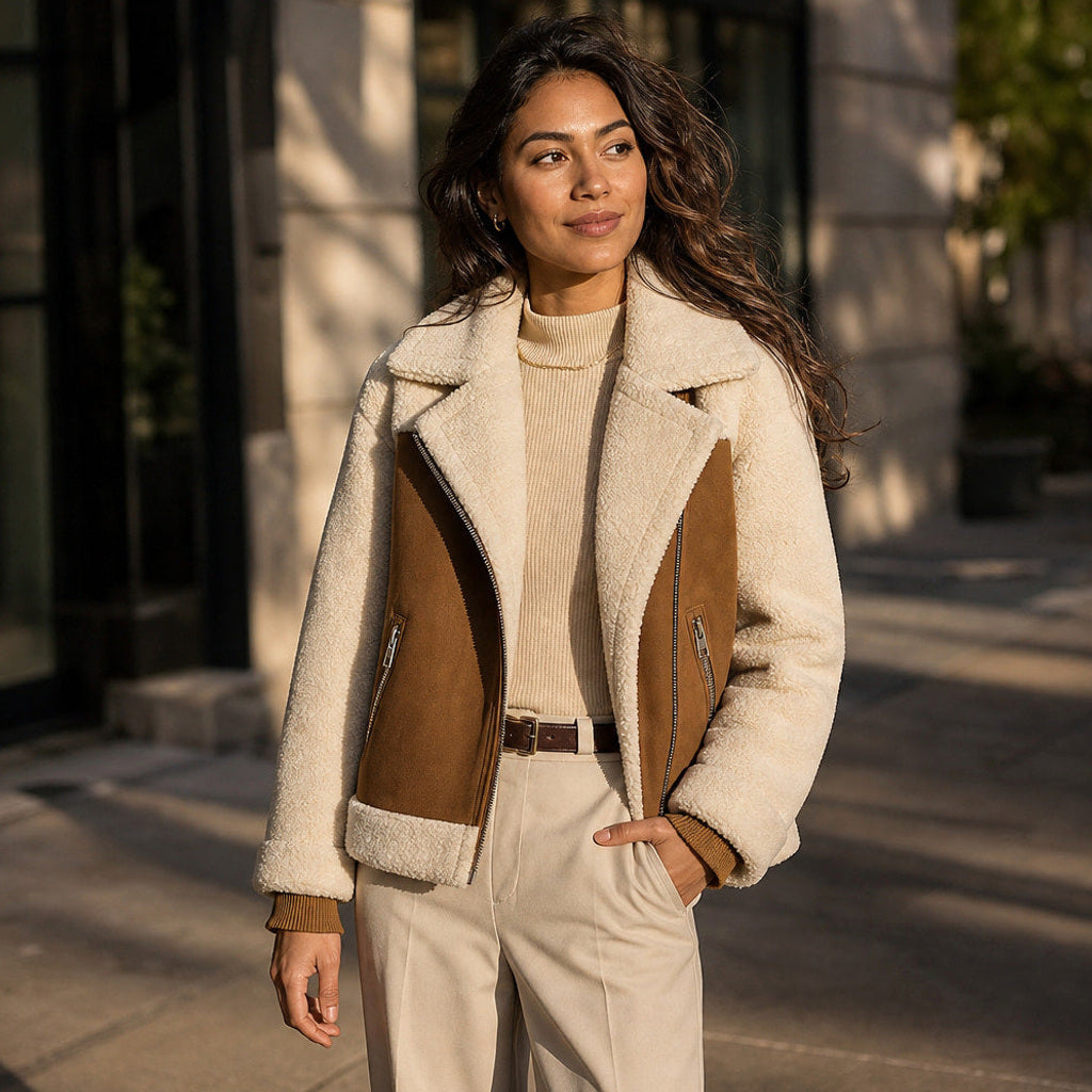 Eltraud | Wildlederjacke mit Lammfellbesatz Mokka / Braun – Gestyltes Editorial-Foto