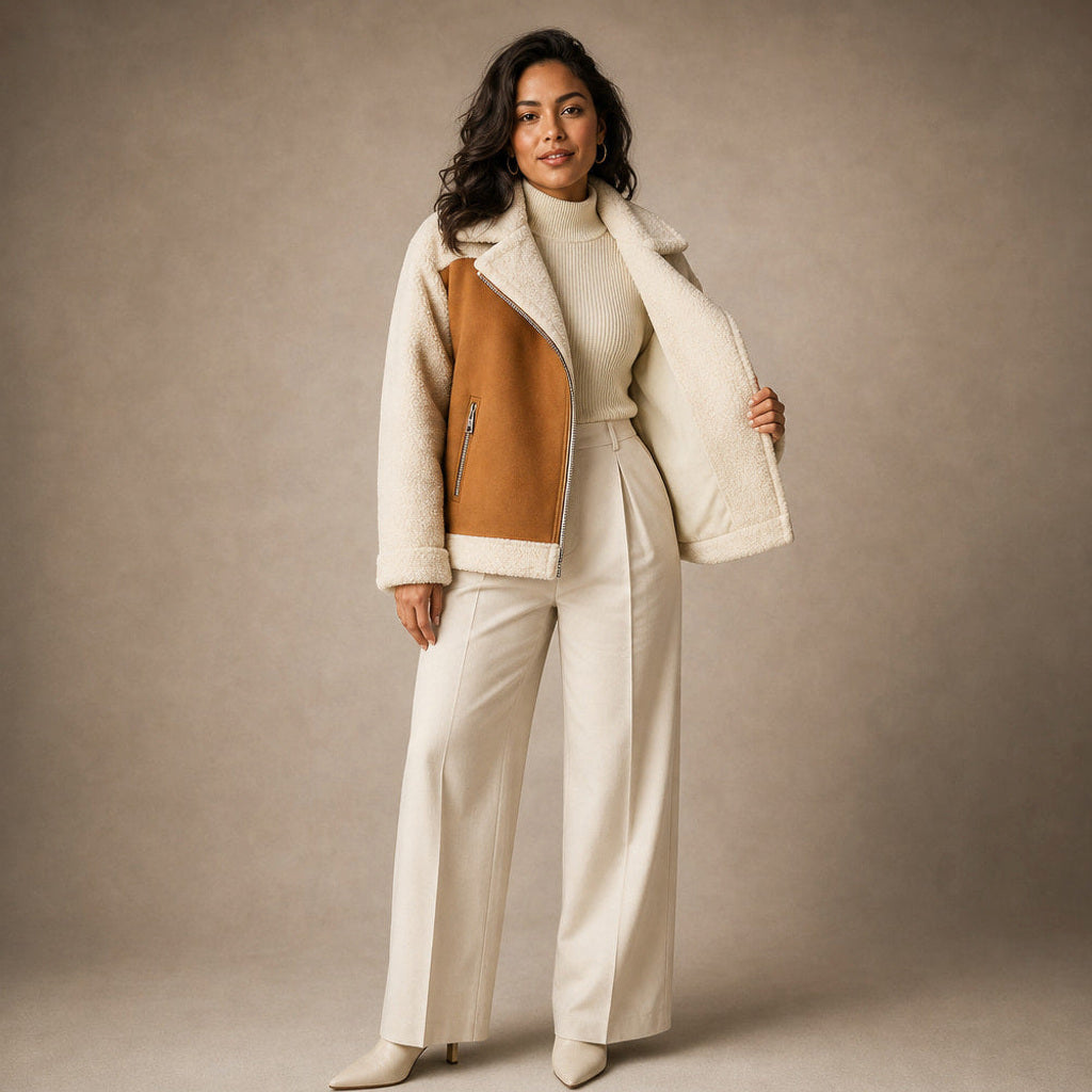 Eltraud | Wildlederjacke mit Lammfellbesatz Mokka / Braun – Innenfutter im Detail