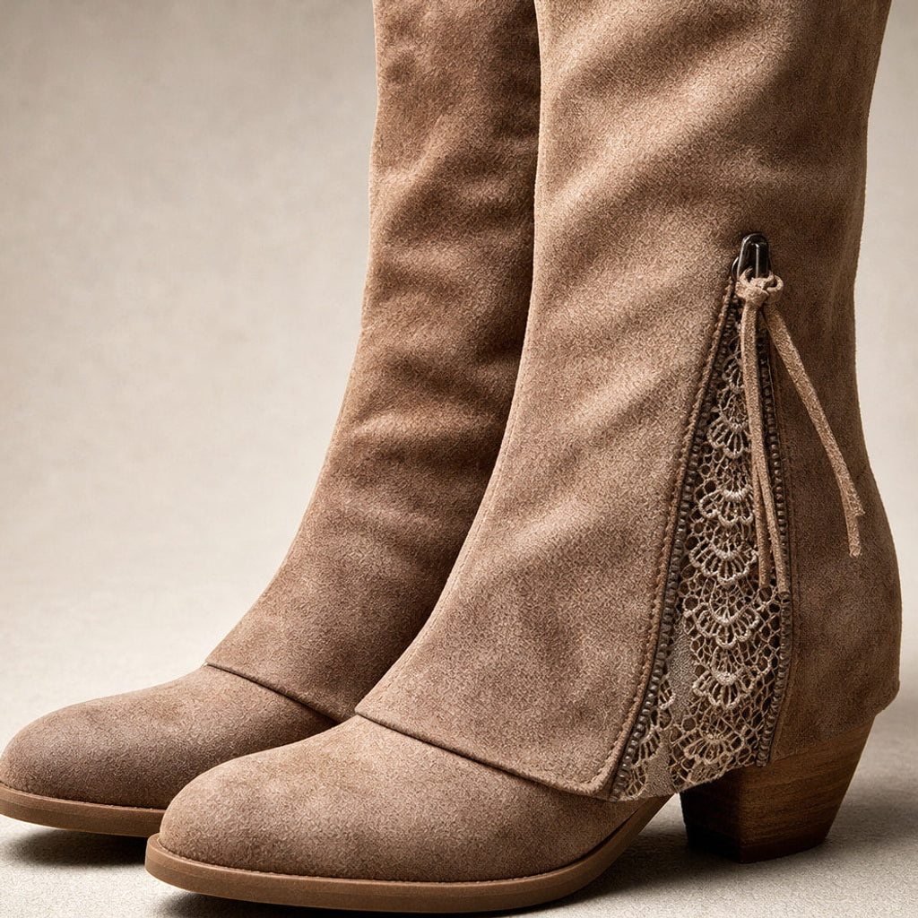 Emerenz | Overknee Stiefel mit Frontschnürung Blockabsatz – Stoff- und Detailaufnahme