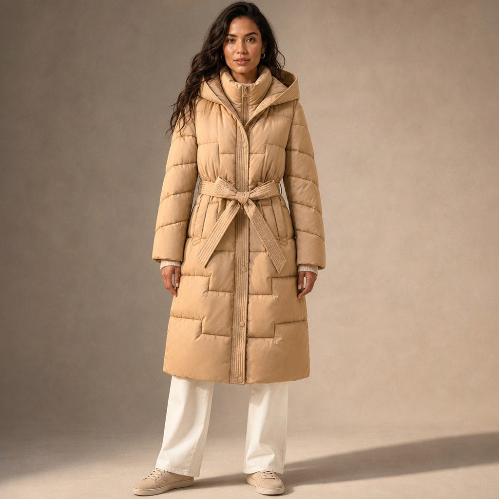 Emmerentiana | Steppmantel mit Kapuze und Gürtelbund in Creme / Beige – Premium Editorial