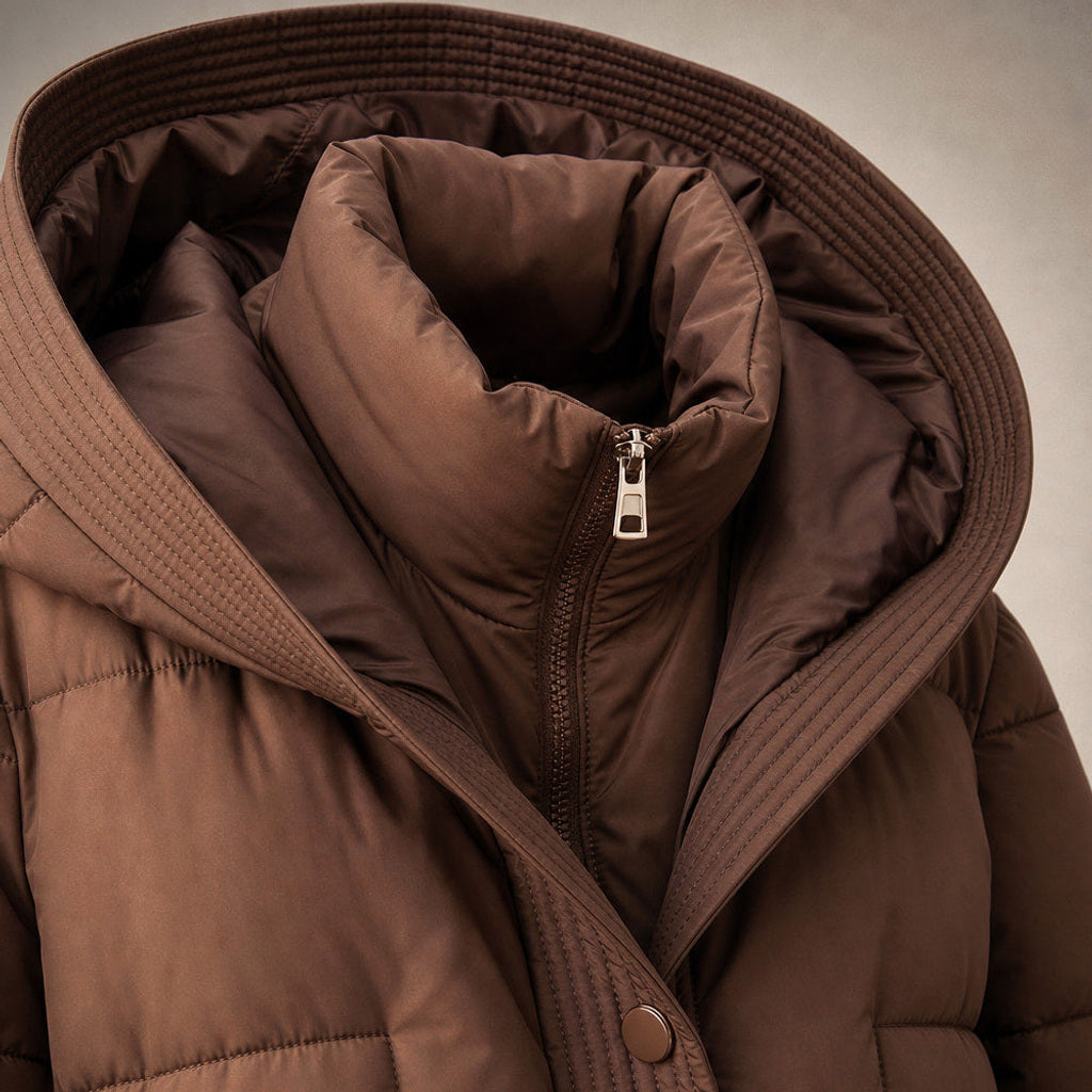 Emmerentiana | Steppmantel mit Kapuze und Gürtelbund Truffle Brown – Stoff- und Detailaufnahme