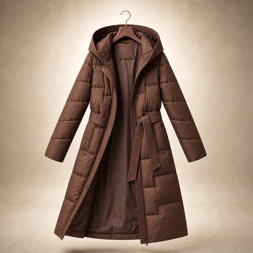Emmerentiana | Steppmantel mit Kapuze und Gürtelbund Truffle Brown – Produktfoto