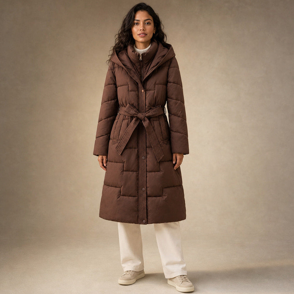 Emmerentiana | Steppmantel mit Kapuze und Gürtelbund in Truffle Brown – Premium Editorial